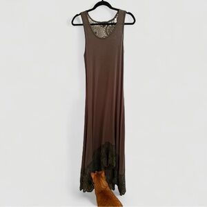 Cupio Olive Green Crochet Midi Dress | High-Low Hem | Size Small